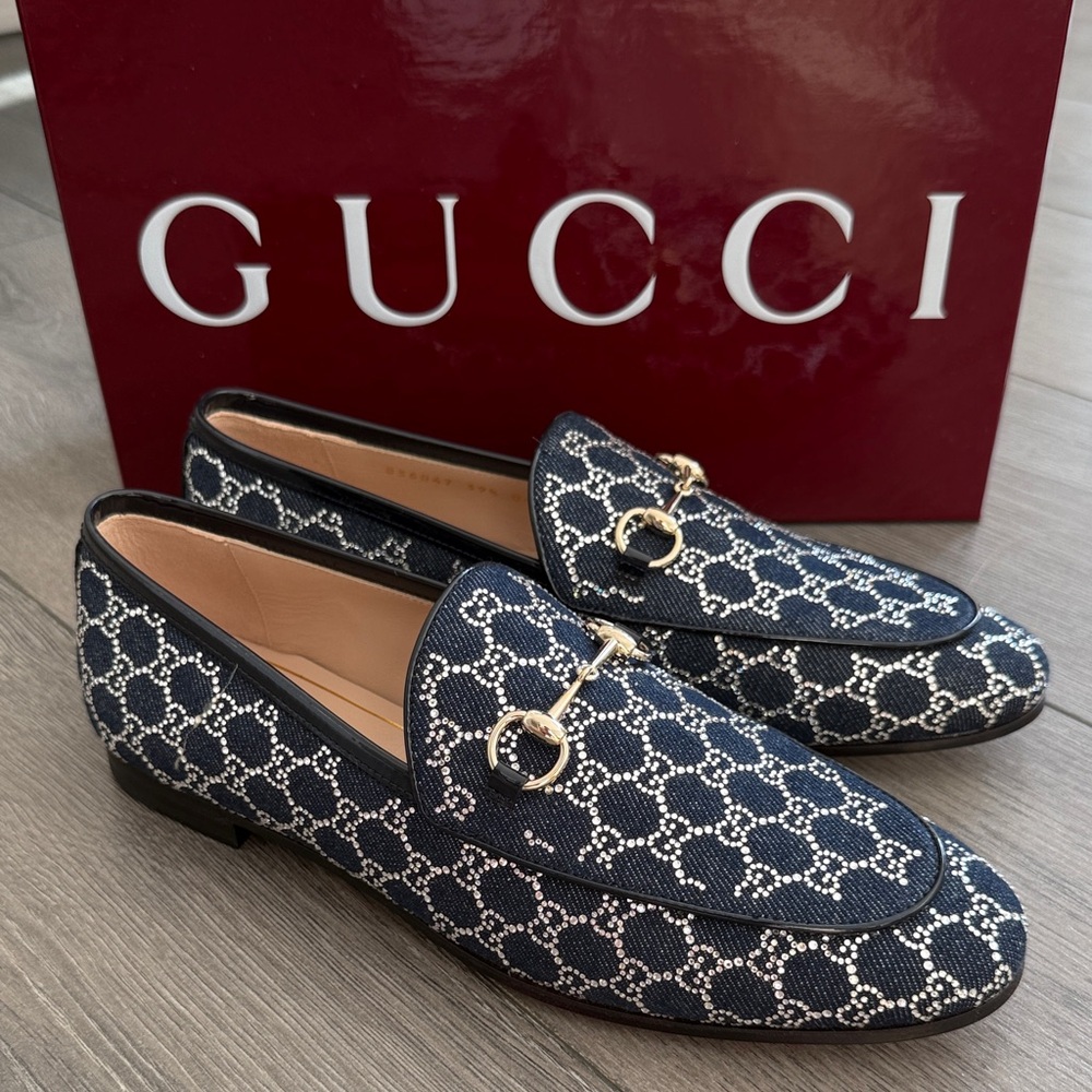 New Denim Crystal GG Monogram Womens 1953 Horsebit Jordaan Loafer 39.5 Blue